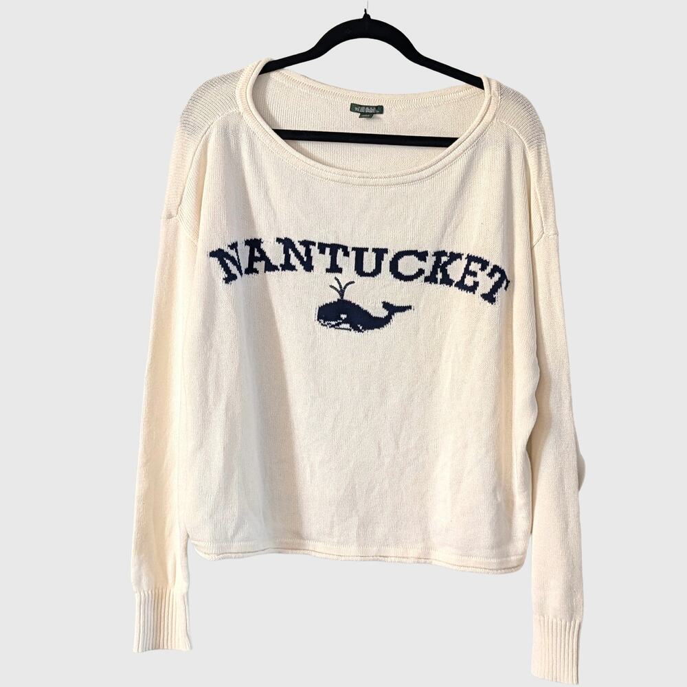 Wild Fable Nantucket Whale Sweater L Ivory Navy Coastal Preppy Cotton